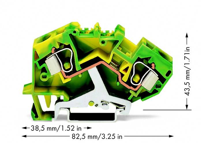 Kompakte grün-gelbe Klemme mit Maßen 38,5 mm x 82,5 mm x 43,5 mm, zeigt Metallkontakte und Isolationsschichten.