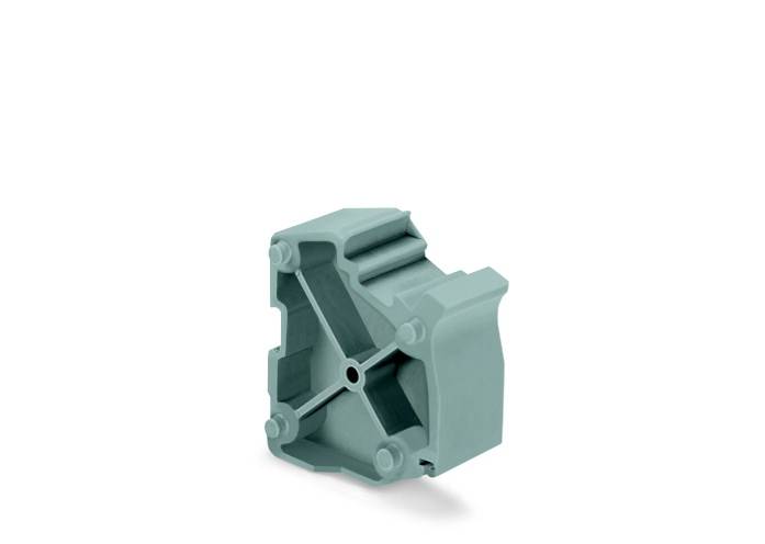 Ein graues Kunststoff-Klemmteil mit geometrischem Design, vermutlich Teil eines größeren mechanischen Systems oder Baukastens.