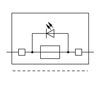 Schaltsymbol eines Operationsverstärkers: Rechteck mit Symbolen, elektrische Verbindungspunkte und Richtungspfeile oben.