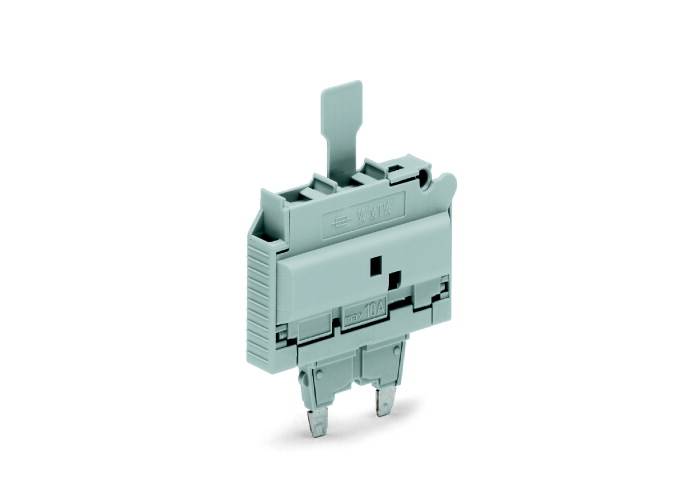 Ein grauer elektrischer Schalter mit zwei Anschlüssen und einem kleinen Hebel an der Oberseite, verwendet für elektronische Verbindungen.