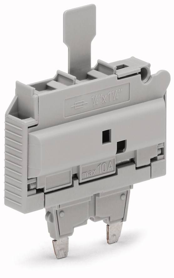 Ein grauer Sicherungshalter mit aufgedruckter Aufschrift 'max 10A', geeignet für Sicherungen der Größe 1/4 x 1 1/4 Zoll.