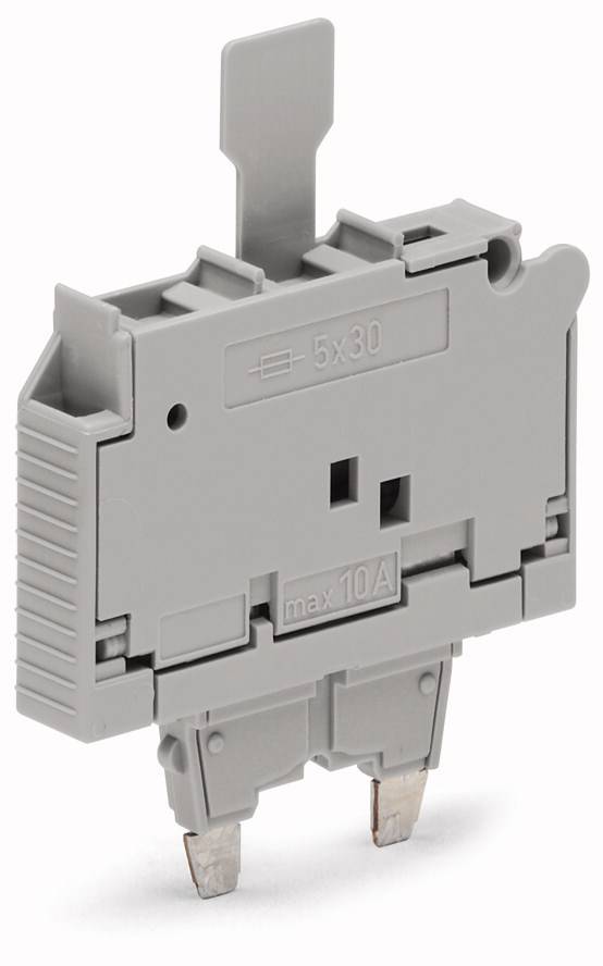 Graue Sicherungshalterung mit Hebel, gekennzeichnet mit 'max 10A' und '5x30', dient zur Aufnahme von Sicherungen in elektrischen Schaltungen.