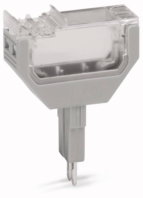 Ein grauer und transparenter Steckverbinder mit zwei Metallstiften, vermutlich für elektrische Verbindungen oder Geräte.