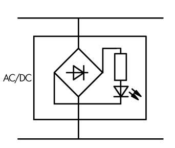 Schaltplan eines AC/DC-Konverters mit Gleichrichterdiode und LED; zeigt den elektrischen Weg von der Quelle zur Diode.