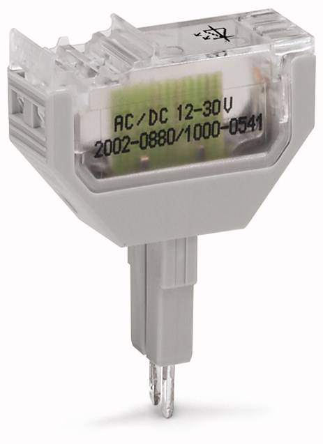 Grauer, durchsichtiger elektrischer Steckverbinder mit der Aufschrift 'AC/DC 12-30V 2002-0880/1000-0541'.