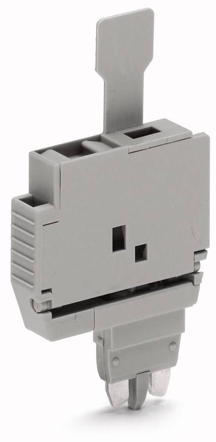 Grauer Adapter mit rechteckiger Form und einem vertikalen Griff oben, geeignet für elektrische Anschlüsse.