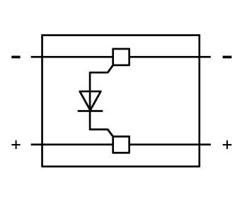 Schaltsymbol einer Diode in einer elektrischen Schaltung, die Strom in eine Richtung ermöglicht; Rechtecke symbolisieren Anschlüsse.