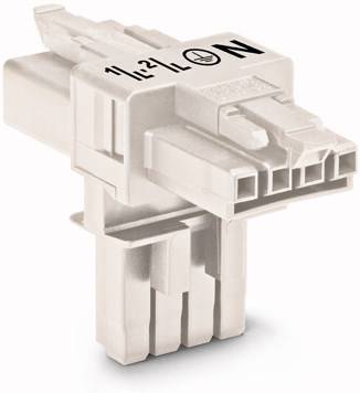Ein weißer, komplexer Kunststoffstecker mit mehreren Steckplätzen und einer Aufschrift 'N 1L1 2L2', möglicherweise ein elektrisches Bauteil.