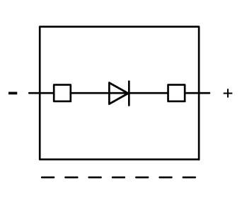Schaltbild zeigt eine Diode in einem rechteckigen Gehäuse, mit Minus- und Plusanschlüssen. Diode symbolisiert elektrischen Stromfluss.