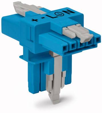 Ein blauer, mechanischer Baustecker mit mehreren Anschlusspunkten und einem Aufdruck '+ L N'.
