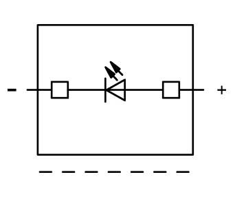 Elektronisches Schaltzeichen zur Darstellung einer isolierten Leuchtdiode (LED) in einem Rechteck mit Anschlussklemmen.
