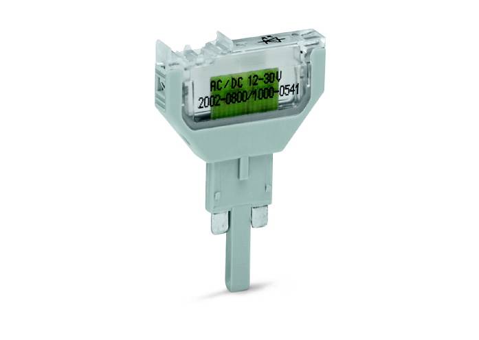 Elektronisches Bauteil mit der Aufschrift 'AC/DC 12-30V' auf grünem Hintergrund. Montierbar mit zwei Metallsteckern unten.