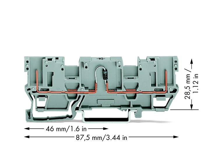 Grau-orangefarbene elektrische Anschlussklemme mit den Maßen von 46 mm Breite, 87,5 mm Länge und 28,5 mm Höhe.