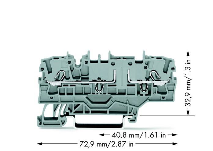 Graue elektrische Klemme, 32,9 mm Höhe, 72,9 mm Breite, 40,8 mm Tiefe.