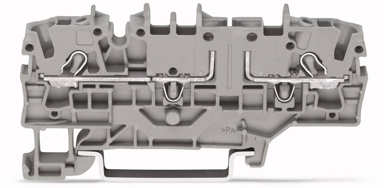 Graues mechanisches Bauteil mit mehreren Öffnungen und Haken, das für den Einsatz in technischen Anwendungen konstruiert ist.