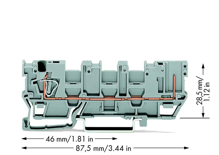 Ein grauer elektrischer Anschlussblock mit Kupferverbindungen. Maße: 46 mm x 28,5 mm x 87,5 mm.
