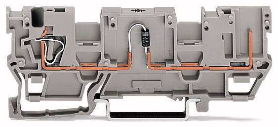 Grau-graue elektrische Zugfeder-Reihenklemme mit eingebauter Diode, geeignet für elektronische Schaltungen und Schutzmaßnahmen.