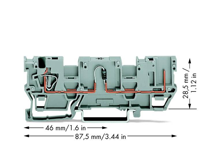 Abbildung eines grauen elektrischen Anschlussblocks mit Maßen: Breite 87,5 mm, Tiefe 46 mm, Höhe 28,5 mm, zeigt innere Struktur.