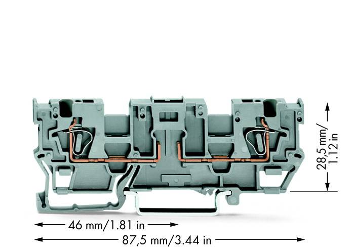 Grau-grüner elektrischer Steckverbinder mit zwei Kupferschaltkreisen, Maße: 46 mm x 87,5 mm x 28,5 mm.