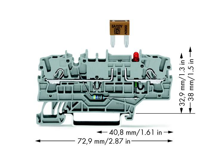 Ein grauer Sicherungshalter mit technischen Maßen neben einer braunen Klinge mit '5A 32V'-Aufschrift.
