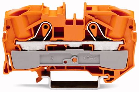 Ein orangefarbener und grauer elektrischer Leiterklemmenblock in der Nahaufnahme, der den Innenmechanismus und die Struktur zeigt.