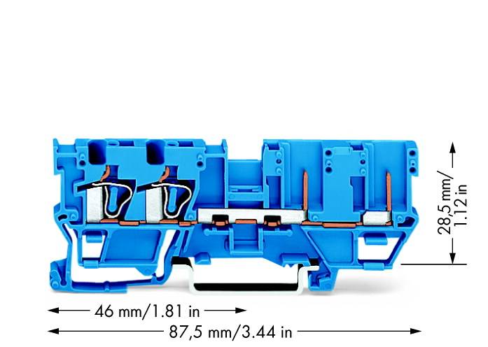 Blaues elektrisches Bauelement mit zwei Anschlussstellen. Maße: 87,5 mm lang, 46 mm breit, 28,5 mm hoch.