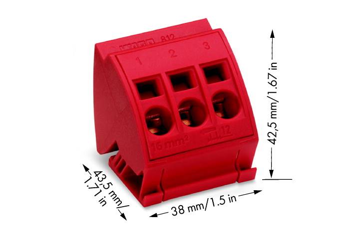 Rote Schraubklemme mit drei Anschlüssen. Maße: 43,5 mm Länge, 42,5 mm Höhe, 38 mm Tiefe. Geeignet für 6 bis 16 mm² Kabel.
