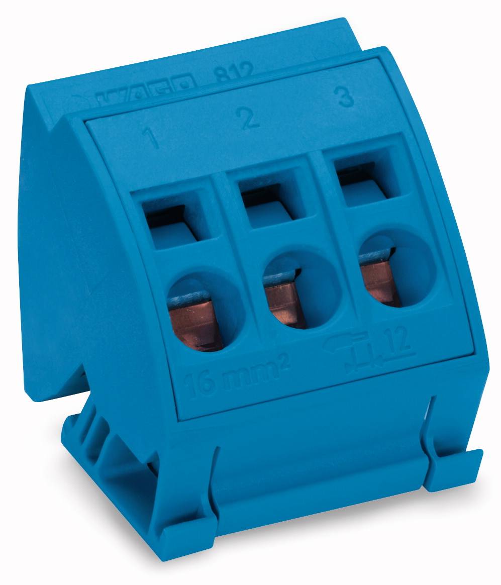 Blauer dreipoliger Steckverbinder mit Klemme für 16 mm² Kabel, nummeriert 1 bis 3, verwendet zum sicheren elektrischen Anschluss.