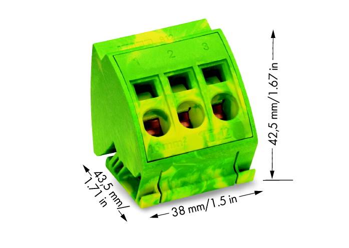Grüner elektrischer Steckverbinder mit drei Anschlüssen und markierten Maßen: 42,5 mm hoch, 43,5 mm tief, 38 mm breit.