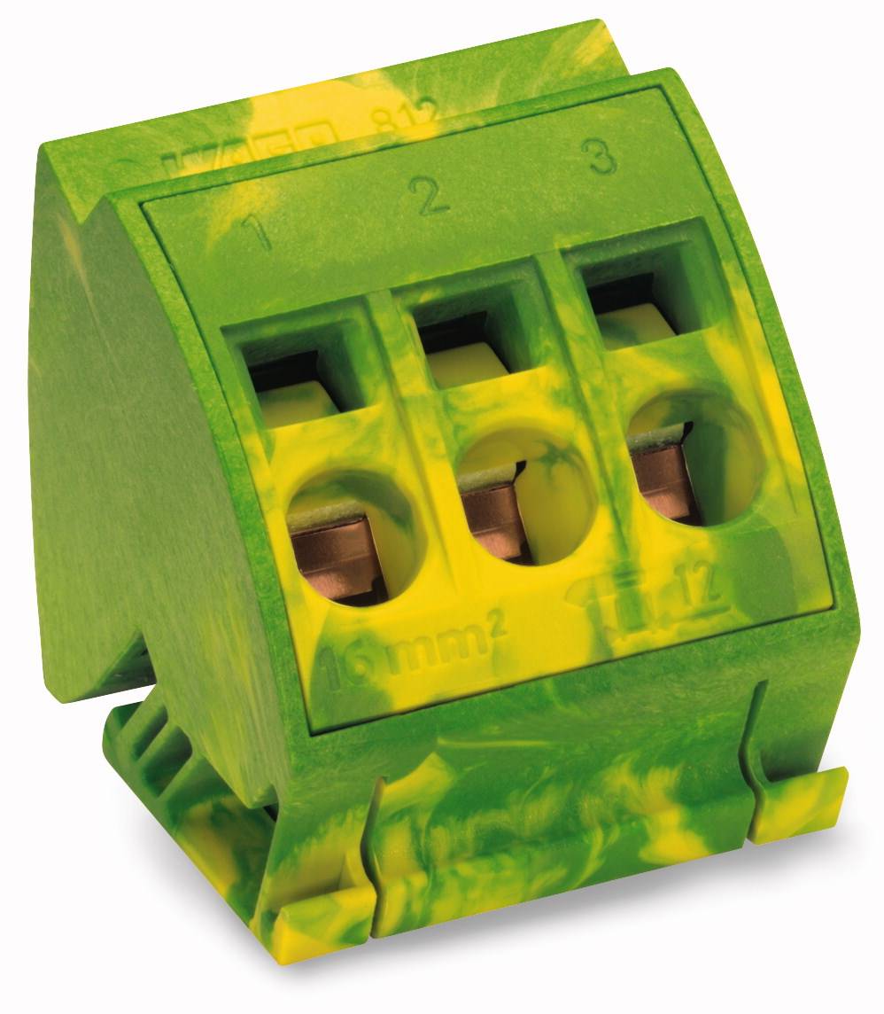 Grüne Klemme mit drei Kupferanschlüssen, nummeriert von 1 bis 3, geeignet für Kabel bis 16 mm².