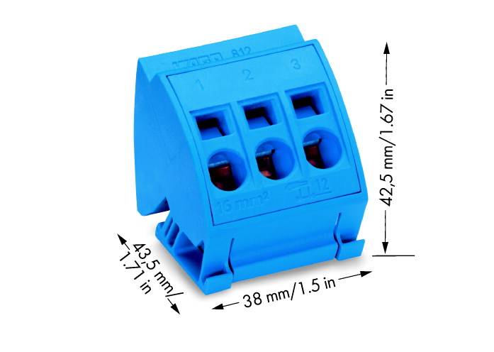 Bild eines blauen elektrischen Steckverbinders mit drei Anschlüssen, Höhe: 42,5 mm (1,67 Zoll), Breite: 43,5 mm (1,71 Zoll), Tiefe: 38 mm (1,5 Zoll).