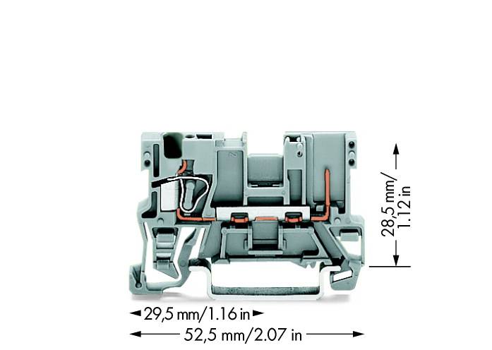 Ein graues elektrisches Bauteil mit Abmessungen: Höhe 28,5 mm (1,12 Zoll) und Breite 52,5 mm (2,07 Zoll).