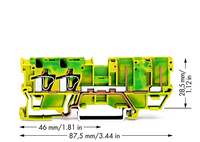 Klemmblock mit gelber und grüner Oberfläche. Maße: Breite 46 mm (1,81 Zoll), Länge 87,5 mm (3,44 Zoll), Höhe 28,5 mm (1,12 Zoll).