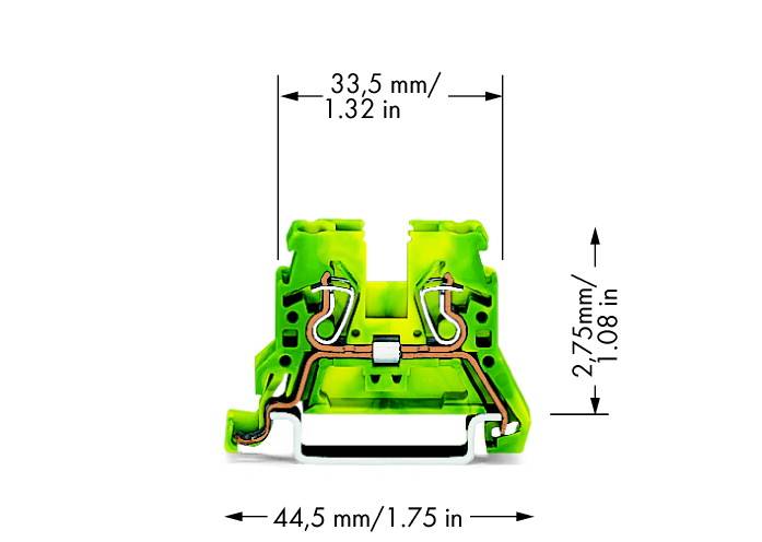 Grüner elektrischer Anschluss mit Abmessungen: Breite 44,5 mm, Höhe 33,5 mm, Tiefe 27,5 mm. Verwendet für Kabelverbindungen.