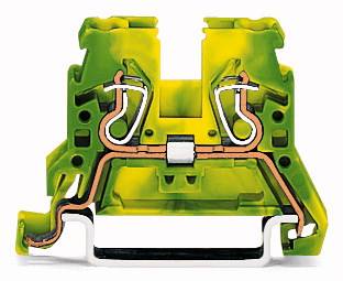 Ein Querschnitt eines gelb-grünen elektrischen Klemmenblocks, der interne Kupferverbindungen zur Stromübertragung zeigt.