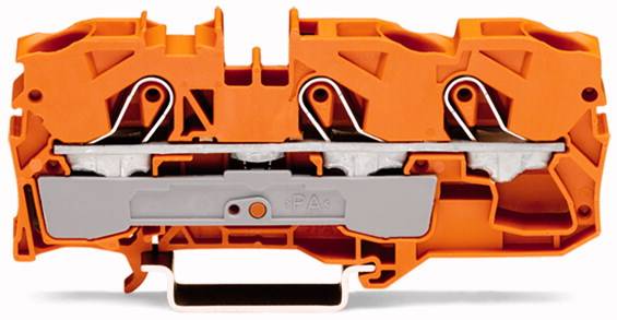 Eine orange Reihenklemme mit zwei Metallanschlüssen und Hebelmechanismen, geeignet für die Verbindung elektrischer Leitungen.