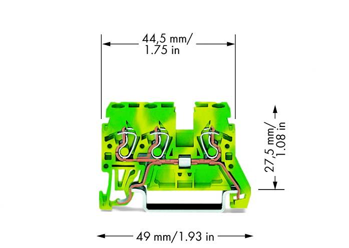 Grün-gelber elektrischer Steckverbinder, Maße: 49 mm Breite, 44,5 mm Höhe, zeigt interne Metallverbindungen.