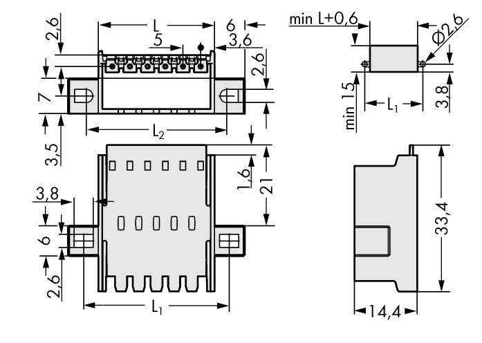 Technische Zeichnung eines elektronischen Steckverbinders. Maße in Millimetern; Draufsicht und Seitenansicht mit markierten Maßen.