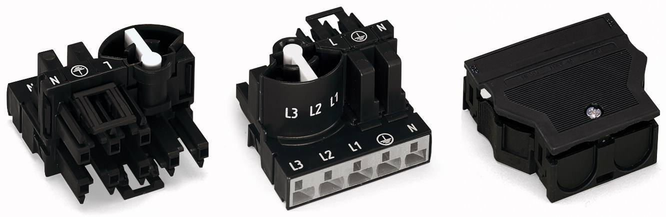 Drei schwarze elektrische Schalter mit weißen Markierungen und verschiedenen Anschlussmöglichkeiten, dargestellt nebeneinander.