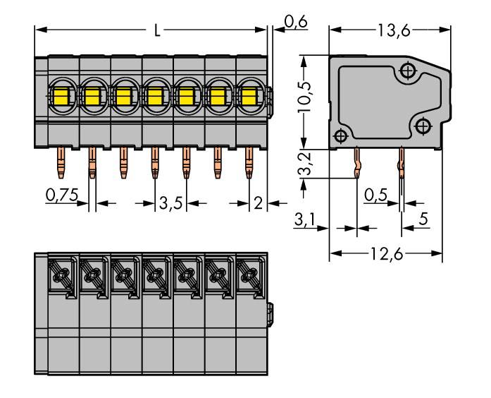 Technische Zeichnung eines elektrischen Steckverbinders mit Bemaßung.