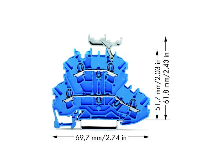 Blaues elektrisches Bauteil mit mehreren Verbindungspunkten und Abmessungen: 69,7 mm breit, 51,7 mm hoch, 61,8 mm tief.