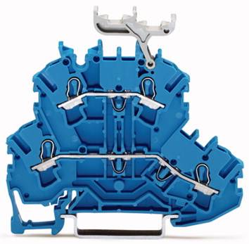 Das Bild zeigt ein blaues elektrisches Klemmengehäuse mit mehreren Metallverbindungen, das in der Industrie zur Kabelverbindung verwendet wird.