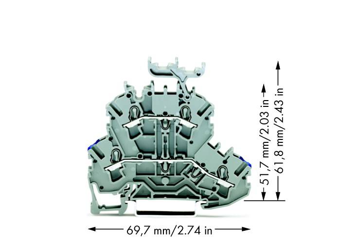 Querschnitt eines grauen Kunststoffbauteils mit Abmessungen: 69,7 mm Breite, 51,7 mm Höhe; zeigt Details und Konstruktion.