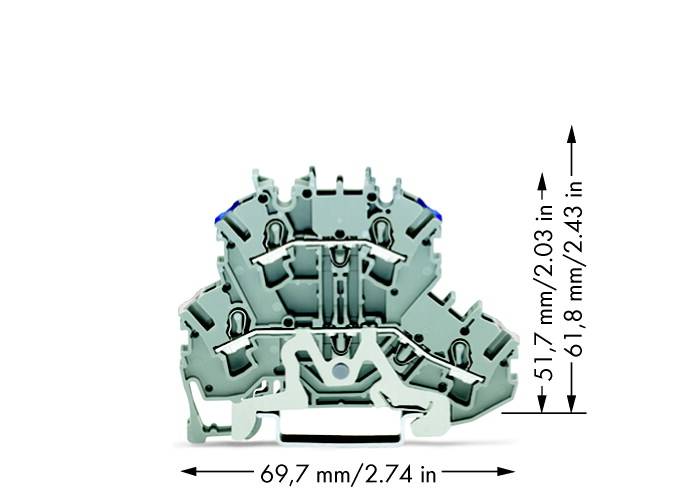 Querschnitt einer elektrischen Klemme mit Abmessungen: Breite 69,7 mm / 2,74 Zoll, Höhe 61,8 mm / 2,43 Zoll.