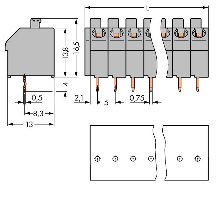 Technische Zeichnung eines sechspoligen elektrischen Steckverbinders mit Abmessungen in Millimetern, einschließlich Höhe, Breite und Länge.