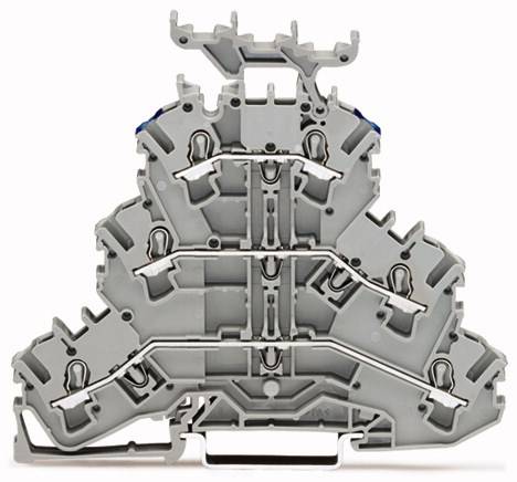 Grau-blauer Verteilerblock mit mehreren Anschlüssen, zeigt ein komplexes Innenlayout für elektrische Verkabelungen.