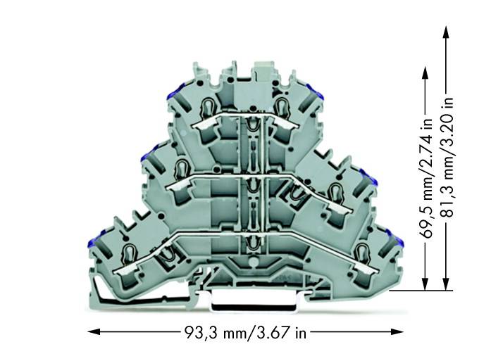 Ansicht eines grauen, dreistöckigen Anschlussblocks mit Bemaßungen. Breite: 93,3 mm (3,67 Zoll). Höhe: 81,3 mm (3,20 Zoll) bis 69,5 mm (2,74 Zoll).