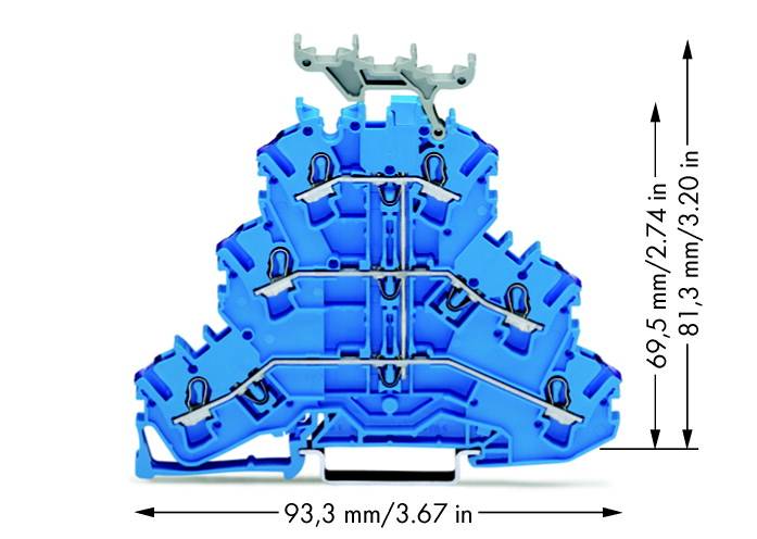 Blauer elektrischer Durchgangsreihenklemme mit Abmessungen: Breite 93,3 mm, Höhe 81,3 mm. Zwei Ebenen für Anschluss von Leitungen.