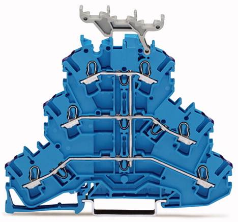 Ein blauer modularer Klemmblock für die Elektroinstallation zeigt die interne Struktur zur Verbindung mehrerer elektrischer Leitungen.