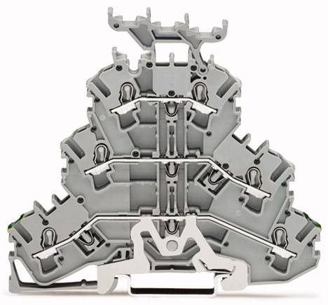 Graues, mehrlagiges Kunststoffteil in symmetrischem, mechanischem Design, mit mehreren Einsteckmöglichkeiten und eingebauten Klemmen.